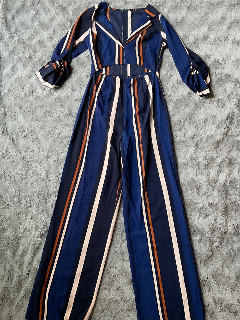 Navy Blue Striped Jumpsuit with Cream & Rust Accents